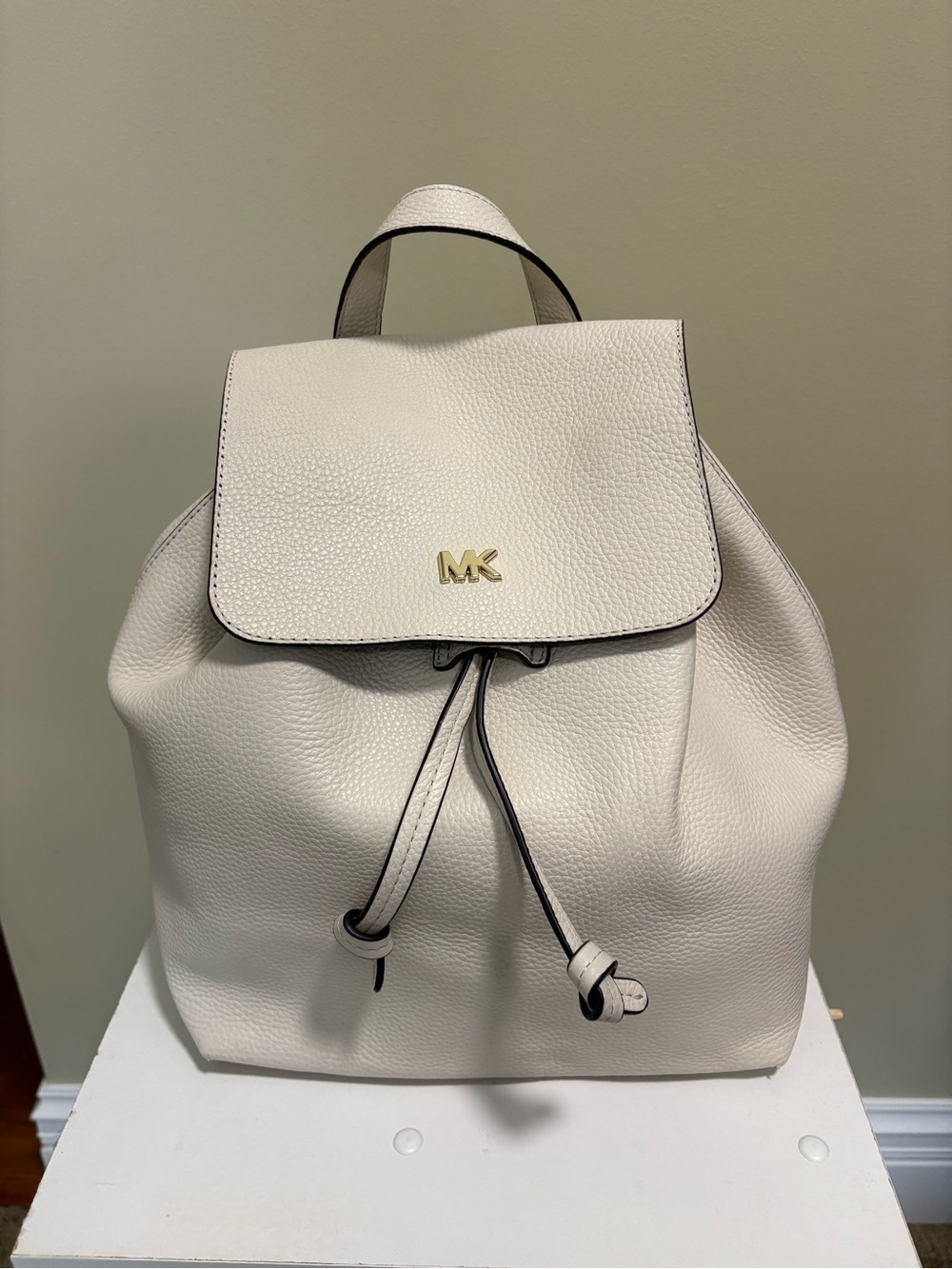 Michael Kors Cream Leather Drawstring Backpack with Gold MK